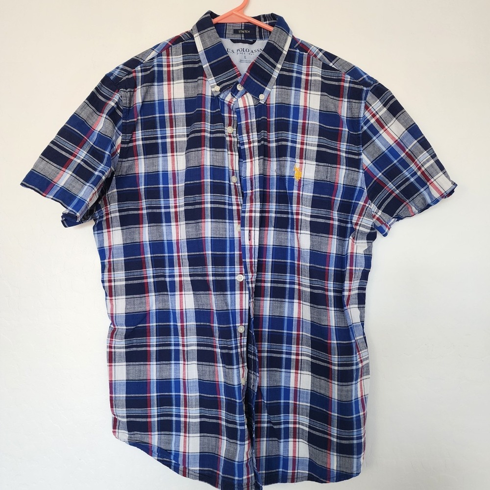 U.S. Polo Assn Plaid Button Front Shirt Men's Large Blue Red Stretch Casual - Picture 2 of 8